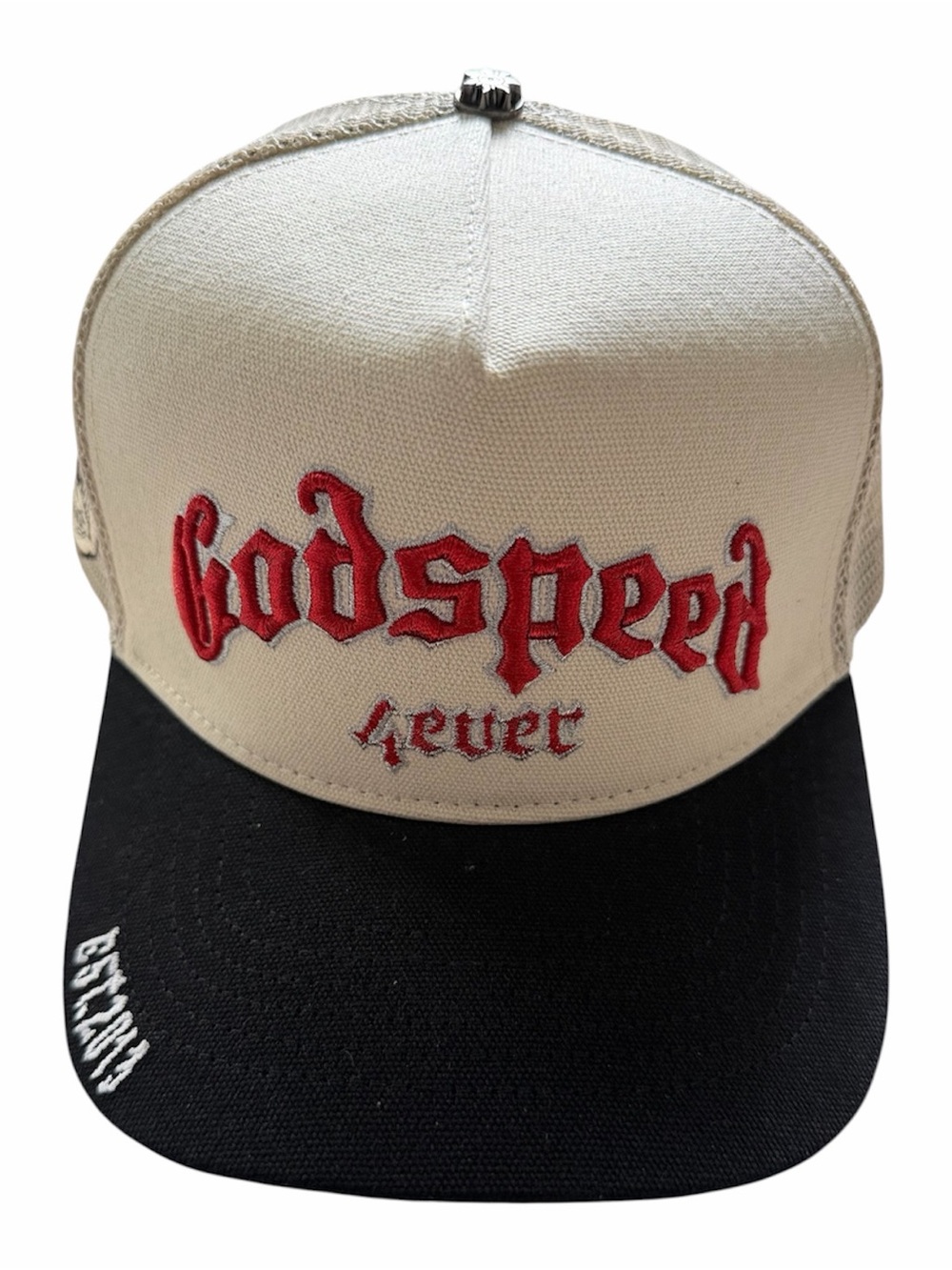Godspeed Trucker Cap in Cream and Black with Red Embroidery
